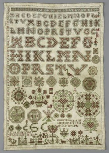 Signed and Dated Linen Sampler with Silk Embroidery