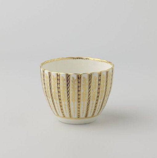 Sugar pot, the ribs alternating blue and white, separated by gold ribs
