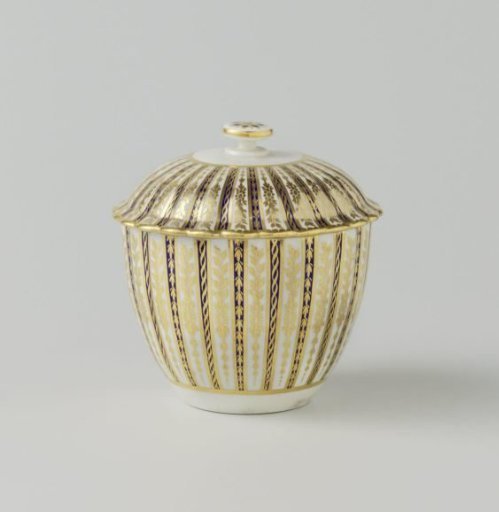 Sugar pot, ribs alternately blue and white, separated by gold ribs