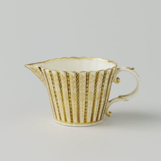 Milk jug, the ribs alternately blue and white, separated by gold lines