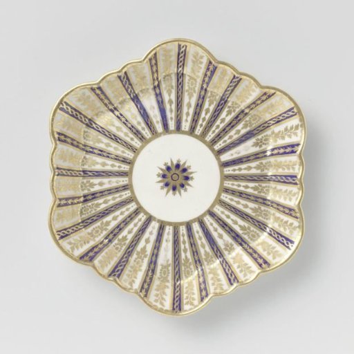 Plate, the ribs alternately blue and white, separated by gold lines