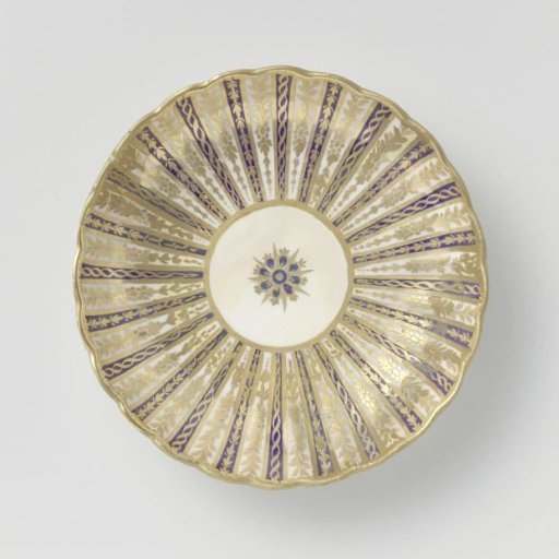 Dish, the ribs alternating blue and white, separated by gold ribs