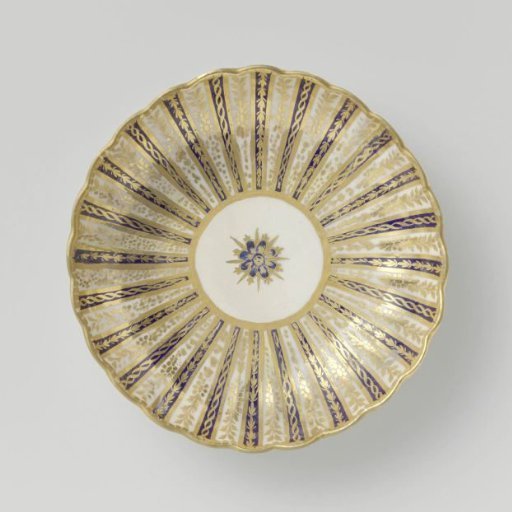 Dish, the ribs alternating blue and white, separated by gold ribs