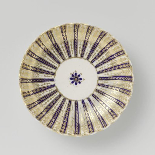Dish, the ribs alternating blue and white, separated by gold ribs