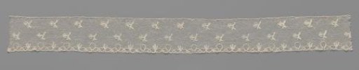 Strip of bobbin lace with ornamental border of compact stylized flowers