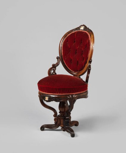 Piano stool of rosewood upholstered in red velvet
