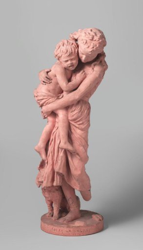 Sculpture in pink terracotta: young woman holding a half-naked, screaming child and a dog at her feet, on a round pedestal