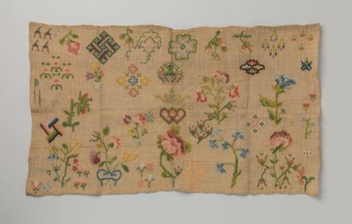 Embroidered panel of multicoloured silk on linen