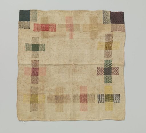 Patch of multicoloured silk on linen.