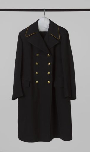 Long Heavy Black Wool Nightcoat, with Two Sets of Four Gold Buttons Featuring a Crowned Coat of Arms and Lion, Rear Slit, Two Flap Pockets, and Partially Yellow-Gold Trimmed Lapels