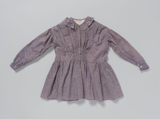 Jacket with a Lying Pleated Collar and Long Sleeves of White Cotton Sprinkled with Purple Branches; Bodice Pleated at Shoulders and Gathered at Center Front, Pleated Skirt