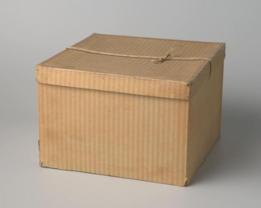 Rectangular cardboard hatbox, covered with striped paper in beige and white/cream