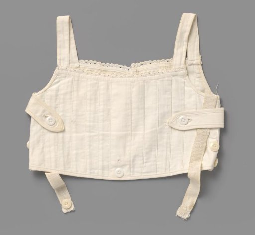 White cotton bodice with twill weave, shoulder straps, boning and a border with English embroidery; overskirt with two button fastenings and two loose straps with buttons
