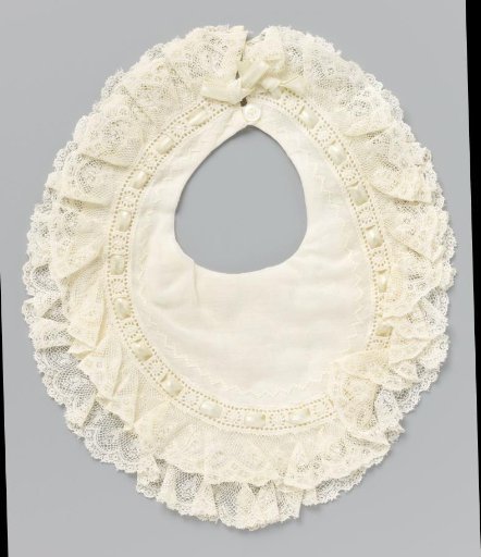 Piece of white cotton (?) with a quilted underlayer and an upper layer with an openwork border threaded with light blue or light green silk ribbon; both edged with lace