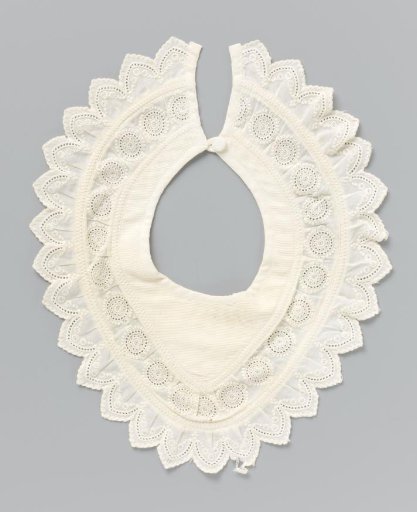 Shawl of white cotton (?) with horizontal woven stripes and insert and border of English embroidery, between which borders with knots