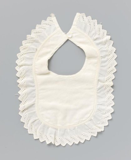 Slab of white cotton (?) with a backing with woven vertical stripes and a top layer with woven crystal-shaped scatter motif with scalloped border with English embroidery