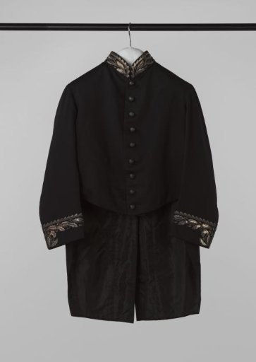 Black Wool Coat, Embroidered on the Standing Collar and Cuffs with Oak Branches and Leaves of Silver Thread; Silver Buttons with a Crown in Fortress Form