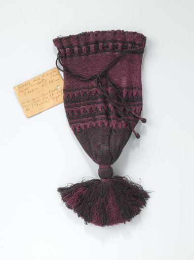 Purse of black and purple silk, executed in Egyptian braiding (sprang)
