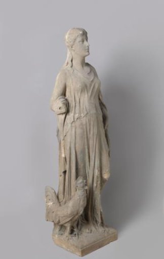 Standing female figure with a rooster against her right foot; from the façade of the Rijksmuseum villa