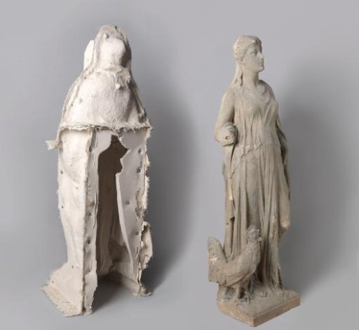Standing female figure with a rooster against her right foot; from the facade of the Rijksmuseum villa