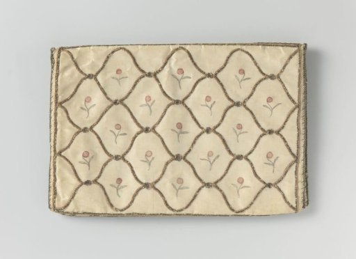 Letter bag in a flat, rectangular shape, of ecru silk with evenly undulating bands embroidered, within which a single flower branch is painted