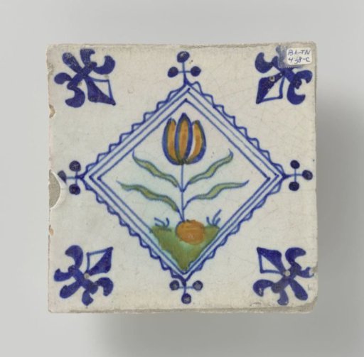 Square Tile, Multicolored Painted with a Tulip on a Ground