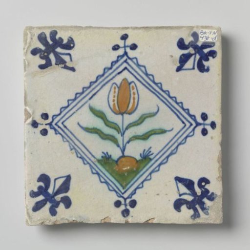 Square Tile, Multicolored Painted with a Tulip on a Ground