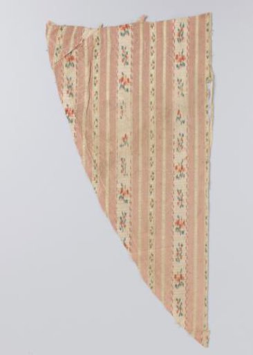 Fragment of pink-white-light green striped silk pekin with flower branches