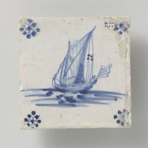 Tile, blue painted with a ship