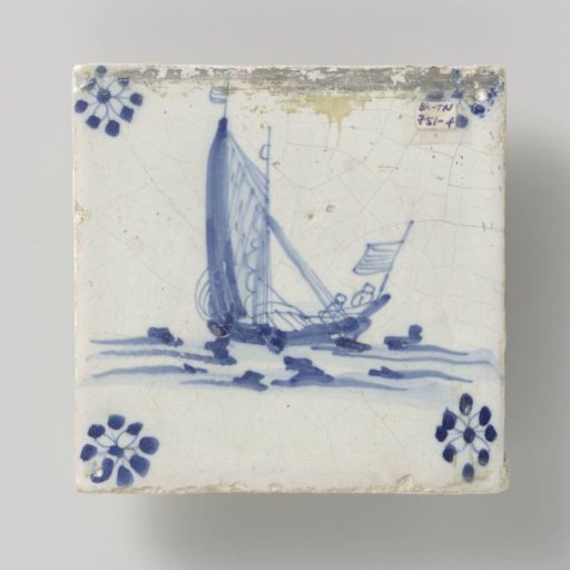 Tile, blue painted with a ship