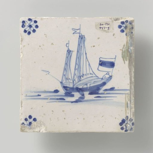 Tile, blue painted with a ship