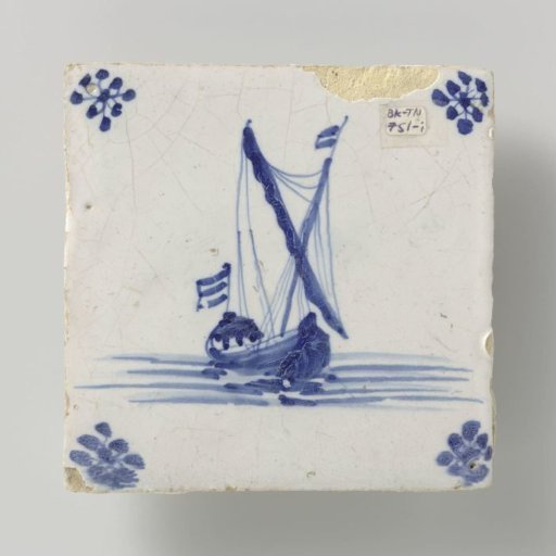 Tile, blue painted with a ship