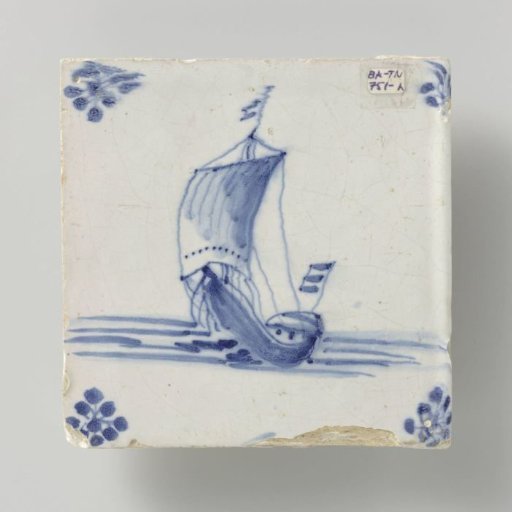 Tile, blue painted with a ship