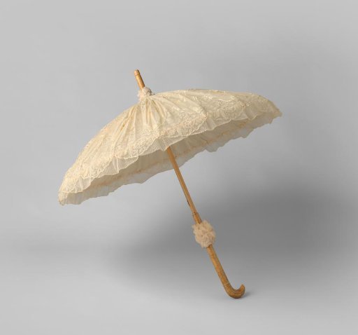 Parasol with canopy of cream-colored tamboured tulle and machine lace on a wooden shaft with a handle of grained wood