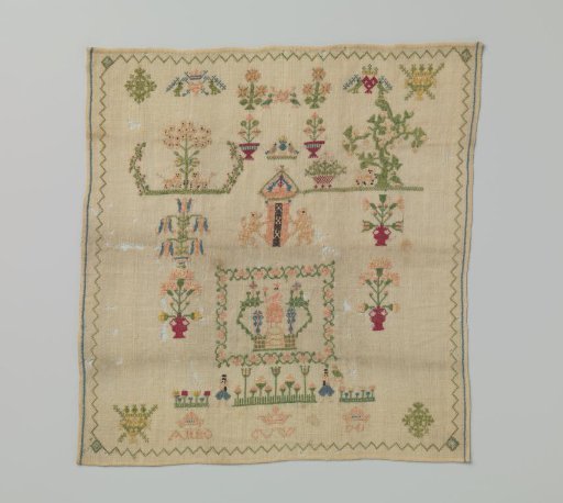 Sample of multicoloured silk on woolen muslin