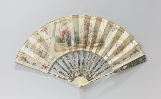 Folding fan with leaf of paper on which in watercolour a wedding scene is painted, on a mount of carved ivory with métal en quatre couleurs and painted medallions
