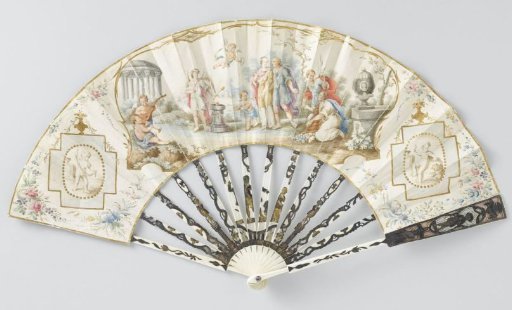 Folding fan with leaf of thin leather on which in watercolour a wedding scene, on a mount of ivory with 'métal en quatre couleurs'