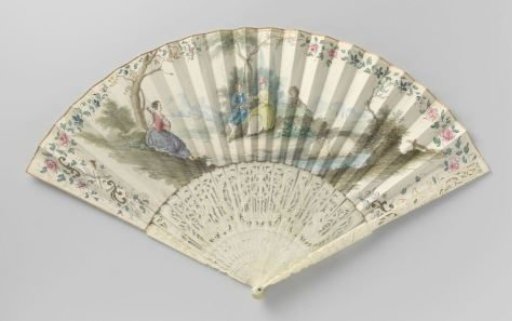 Folding fan painted with a landscape on a pierced ivory mount