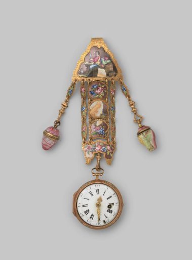 Clock with enamelled dial on a chatelaine