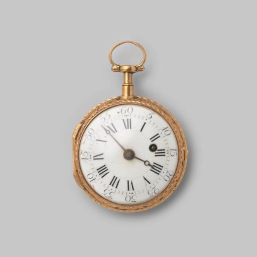Clock with an enamelled representation of a woman by a fountain with a flying Cupid