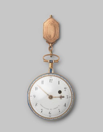 Watch with an enamel representation of two women by a cradle