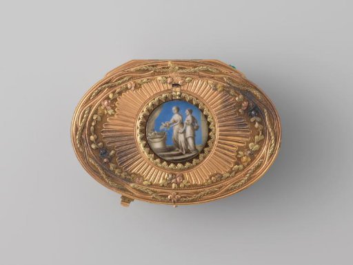 Oval snuffbox of gold, with enameled miniature on the lid and chased Louis XVI ornaments