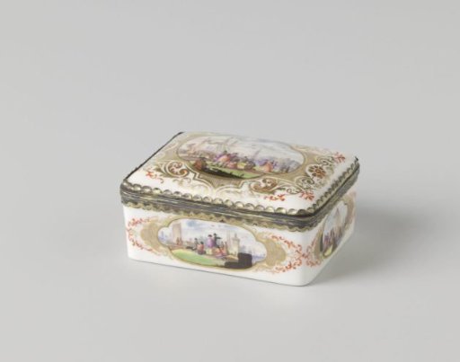 Snuffbox, polychrome painted with harbour views and on the inside of the lid a faun spying on a woman