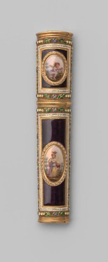 Needle case of gold with oval medallions containing figures