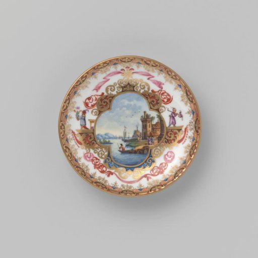 Dish, polychrome painted with a river landscape