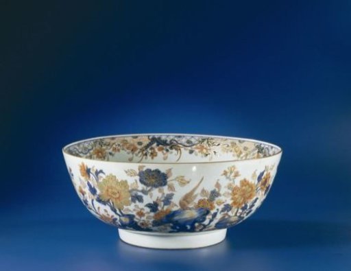 Punch bowl with flowering plants, pheasants, butterfly and carp
