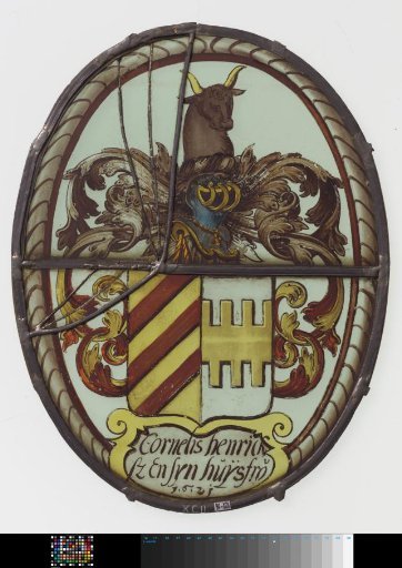 Shield with an ox's head as crest and inscription "Cornelis Henricksz and his wife 1621"