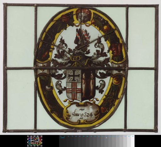 Window with a coat of arms featuring among others two fish and the inscription "Anno 1624"