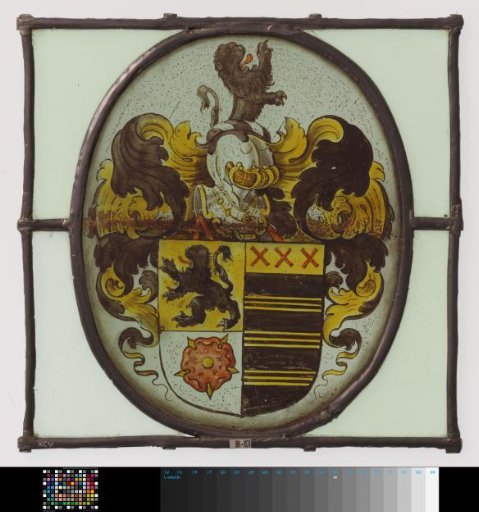 Window with coat of arms featuring a climbing lion as a crest