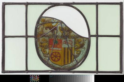Pane with a coat of arms featuring a fox, a tree, and a wheel